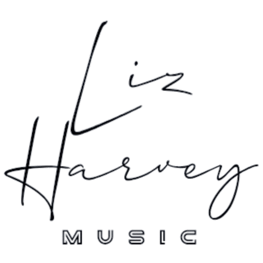 Liz Harvey Music handwritten logo in black script with bold “MUSIC” text beneath
